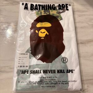 Bape White Short Sleeve Tee with Brown & Yellow Ape Head Graphic